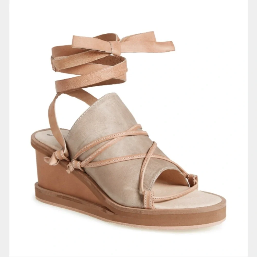 Free People Beige Tan Suede Wrap Wedge Sandals